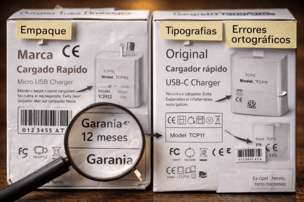Comparativa de cajas: tipografías borrosas, símbolos mal impresos y faltas de ortografía frente a empaque correcto.