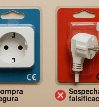 Comparativa de embalajes de enchufes: a la izquierda “compra segura” con marcado CE nítido; a la derecha “sospecha de falsificación” con packaging pobre y sello dudoso.