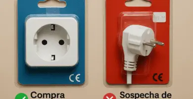 Comparativa de embalajes de enchufes: a la izquierda “compra segura” con marcado CE nítido; a la derecha “sospecha de falsificación” con packaging pobre y sello dudoso.