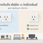 Ilustración comparativa de un enchufe doble y uno individual con iconos de cocina, dormitorio y sala, para decidir según uso y seguridad.