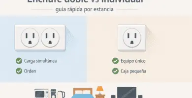 Ilustración comparativa de un enchufe doble y uno individual con iconos de cocina, dormitorio y sala, para decidir según uso y seguridad.