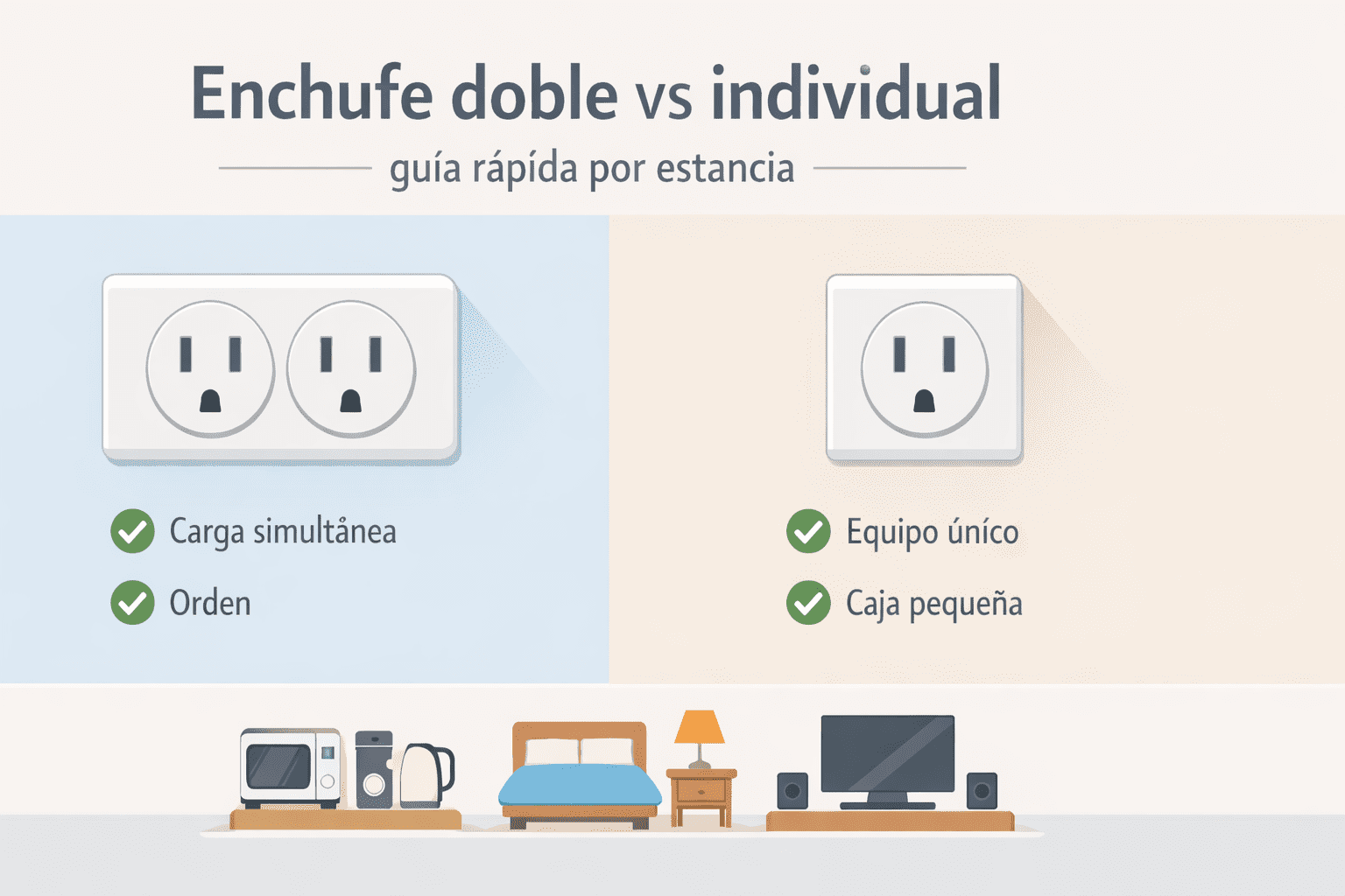 Ilustración comparativa de un enchufe doble y uno individual con iconos de cocina, dormitorio y sala, para decidir según uso y seguridad.