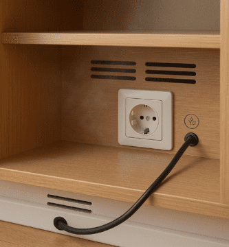 Enchufe empotrado dentro de un mueble de madera con ranuras de ventilación y pasacables en el zócalo por donde entra un cable negro.