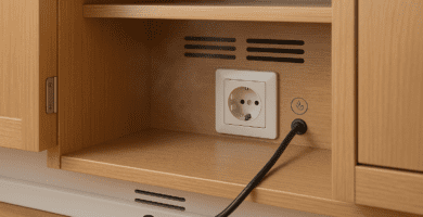 Enchufe empotrado dentro de un mueble de madera con ranuras de ventilación y pasacables en el zócalo por donde entra un cable negro.