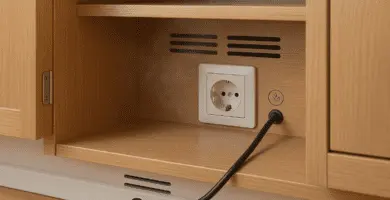Enchufe empotrado dentro de un mueble de madera con ranuras de ventilación y pasacables en el zócalo por donde entra un cable negro.