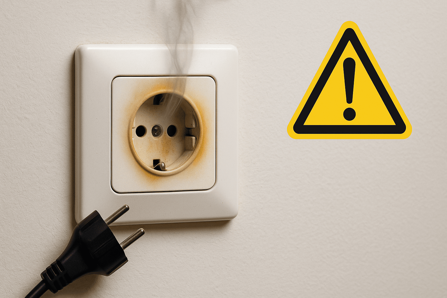 Enchufe de pared con marcas de quemado y humo, clavija desenchufada y símbolo de advertencia.