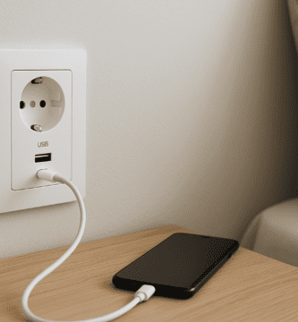 Enchufe Schuko con puerto USB empotrado en pared, cargando un smartphone sobre una mesita de noche.