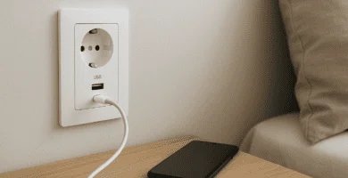 Enchufe Schuko con puerto USB empotrado en pared, cargando un smartphone sobre una mesita de noche.