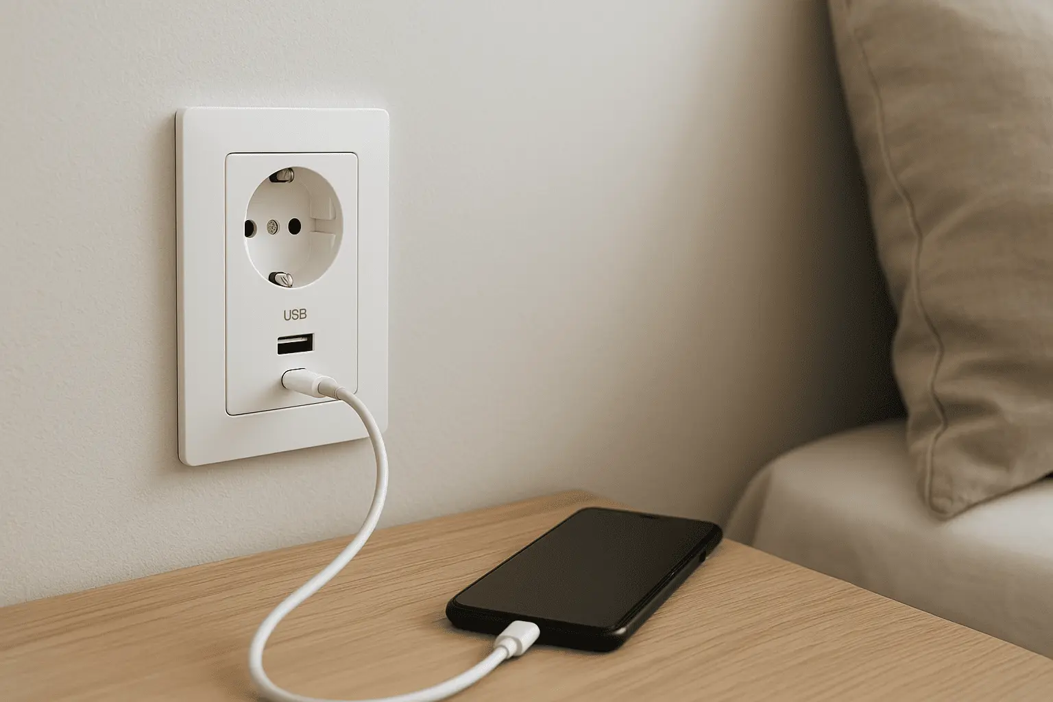 Enchufe Schuko con puerto USB empotrado en pared, cargando un smartphone sobre una mesita de noche.