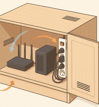 Ilustración isométrica de un mueble de madera con regleta lateral con interruptor, router y NAS; flechas indican ventilación: entrada baja y salida alta.
