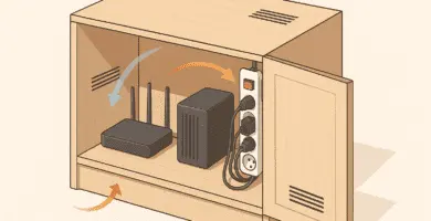Ilustración isométrica de un mueble de madera con regleta lateral con interruptor, router y NAS; flechas indican ventilación: entrada baja y salida alta.