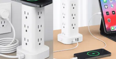 Collage horizontal de regleta torre con múltiples tomas y puertos USB: a la izquierda, detalle con cable de extensión de 6 ft enrollado y teléfono sobre la base; a la derecha, la torre en un escritorio cargando un móvil y una tablet.
