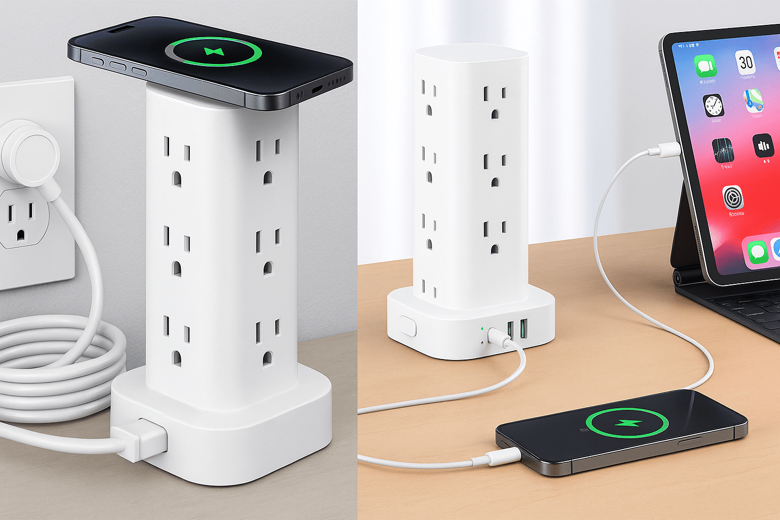 Collage horizontal de regleta torre con múltiples tomas y puertos USB: a la izquierda, detalle con cable de extensión de 6 ft enrollado y teléfono sobre la base; a la derecha, la torre en un escritorio cargando un móvil y una tablet.
