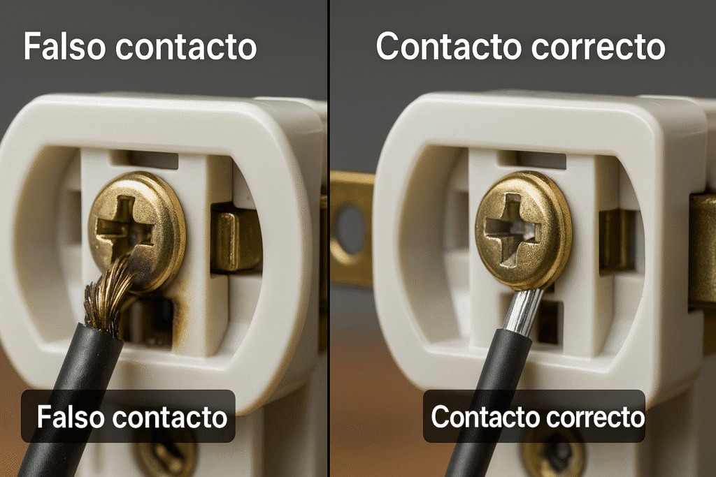Fotografía comparativa en primer plano: a la izquierda, base de enchufe abierta con tornillo flojo, cable semisalido y contactos ennegrecidos; a la derecha, conexión correcta con conductor bien