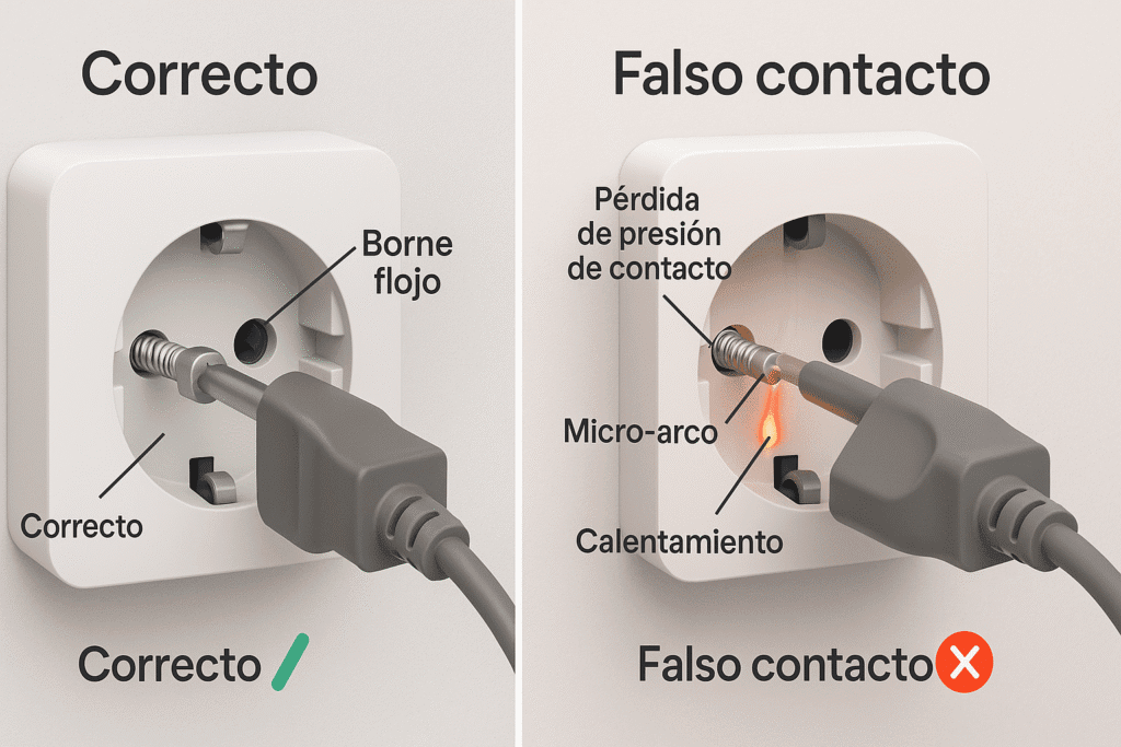 Infografía en español que compara una toma con conexión correcta frente a un falso contacto con borne flojo, pérdida de presión, micro-arco y calentamiento.