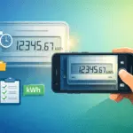 Persona fotografiando un medidor eléctrico con el móvil; lectura “12345,67 kWh” visible en pantalla, con iconos de calendario, carpetas y checklist.