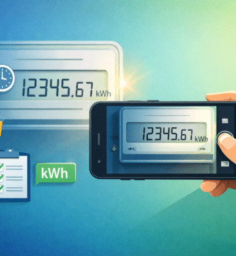 Persona fotografiando un medidor eléctrico con el móvil; lectura “12345,67 kWh” visible en pantalla, con iconos de calendario, carpetas y checklist.