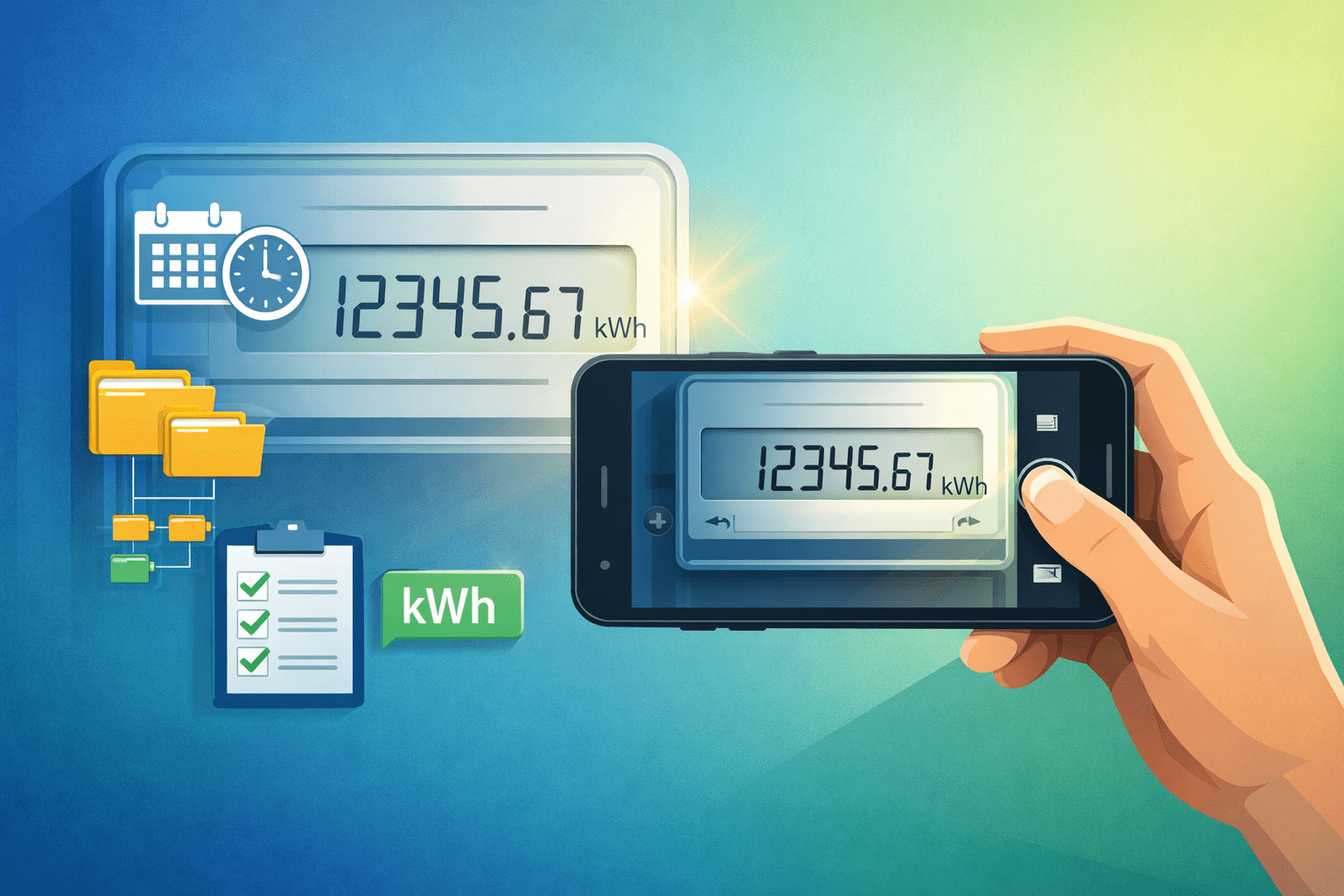 Persona fotografiando un medidor eléctrico con el móvil; lectura “12345,67 kWh” visible en pantalla, con iconos de calendario, carpetas y checklist.