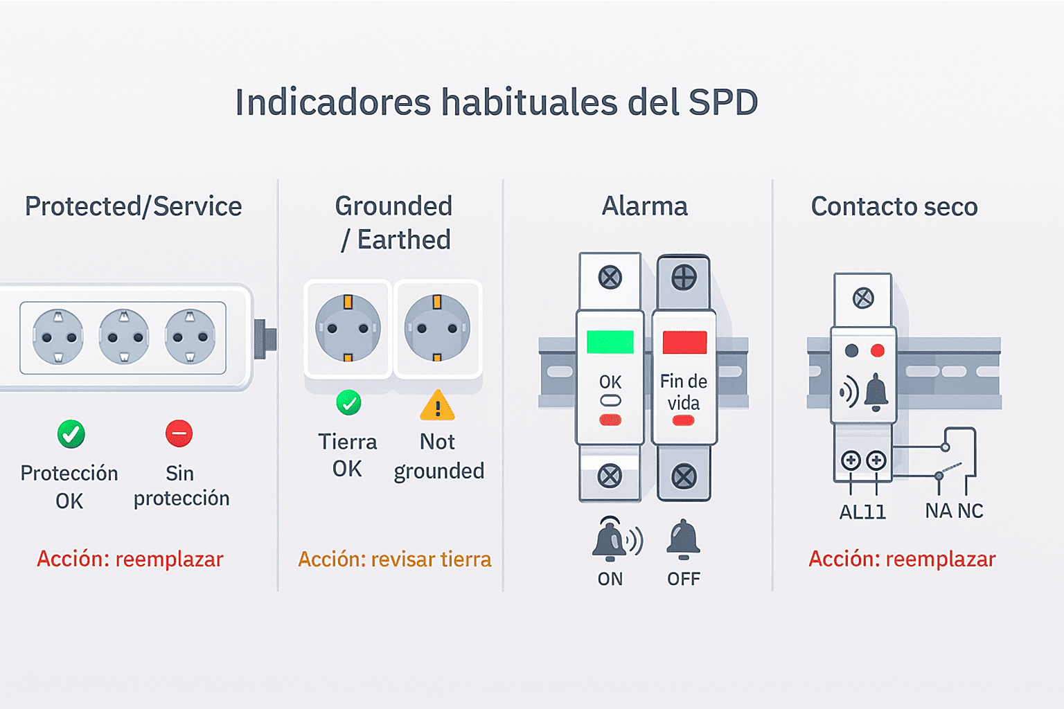 Panel comparativo con LED “Protected/Service” encendido/apagado, LED “Grounded/Not grounded”, campana de alarma y contacto seco para monitoreo del SPD.