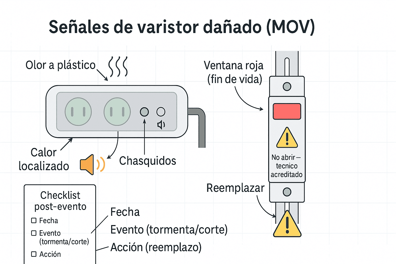 Esquema del protector con MOV degradado: olor a plástico, calor local, decoloración/oscurecimiento y chasquidos tras un pico.