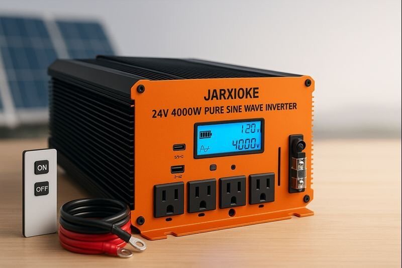 Inversor JARXIOKE 24 V a 110/120 V de 4000 W con carcasa de aluminio, pantalla LCD, mando remoto, 4 tomas AC y puerto USB-C.