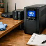 UPS de torre en escritorio doméstico con pantalla LCD y cable USB conectado; en el monitor se ve un checklist de mantenimiento (auto-test, limpieza y ciclos).
