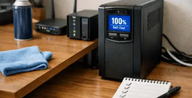 UPS de torre en escritorio doméstico con pantalla LCD y cable USB conectado; en el monitor se ve un checklist de mantenimiento (auto-test, limpieza y ciclos).