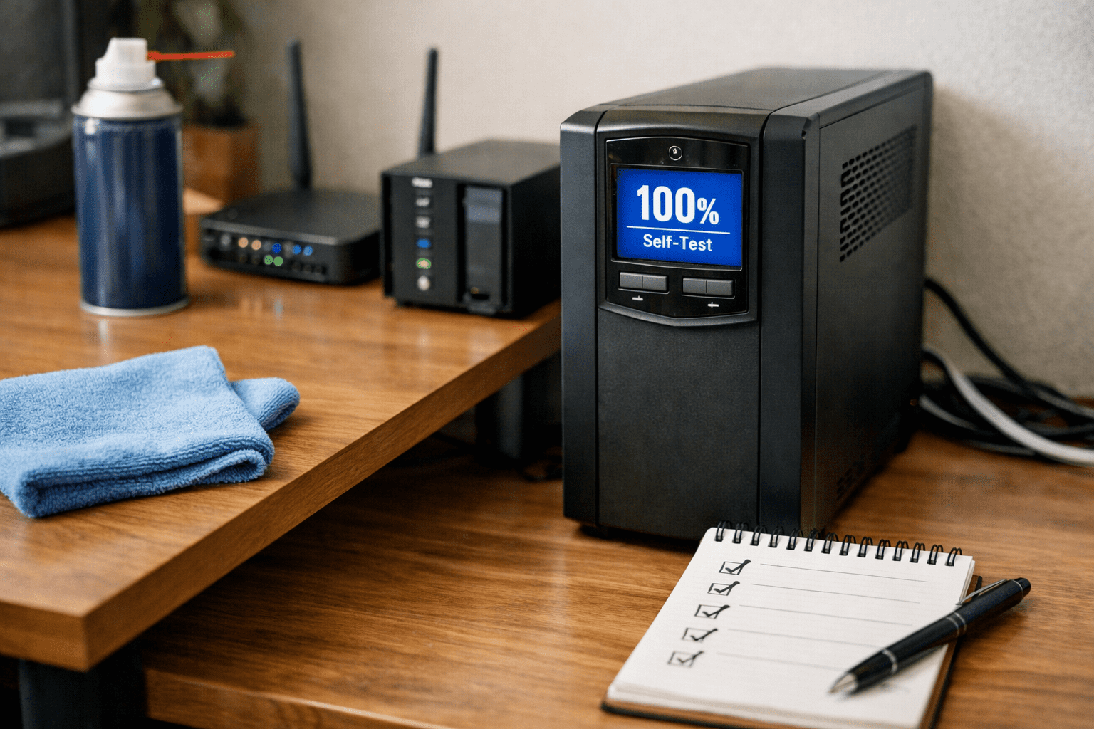 UPS de torre en escritorio doméstico con pantalla LCD y cable USB conectado; en el monitor se ve un checklist de mantenimiento (auto-test, limpieza y ciclos).