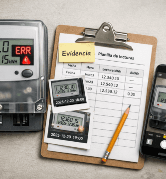 Medidor eléctrico digital en primer plano con pantalla LCD, junto a un portapapeles con checklist y lápiz; idea de evidencia fotográfica y registro.