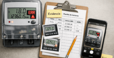 Medidor eléctrico digital en primer plano con pantalla LCD, junto a un portapapeles con checklist y lápiz; idea de evidencia fotográfica y registro.