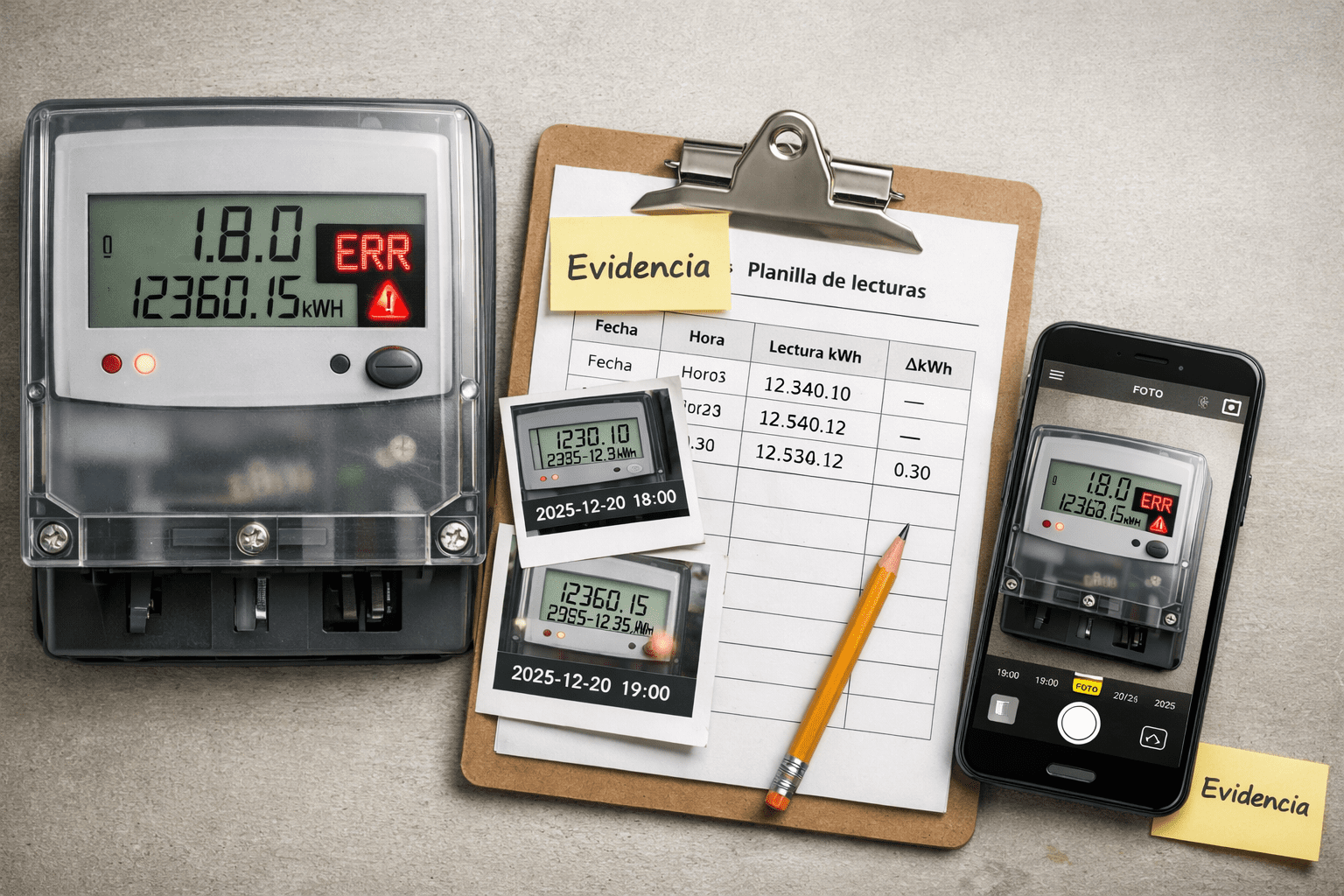 Medidor eléctrico digital en primer plano con pantalla LCD, junto a un portapapeles con checklist y lápiz; idea de evidencia fotográfica y registro.