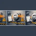 Medidor eléctrico con zumbido o caliente; advertencia y checklist de fotos y hora del evento para evidenciar el reclamo.