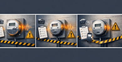 Medidor eléctrico con zumbido o caliente; advertencia y checklist de fotos y hora del evento para evidenciar el reclamo.