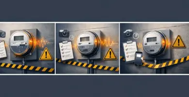 Medidor eléctrico con zumbido o caliente; advertencia y checklist de fotos y hora del evento para evidenciar el reclamo.