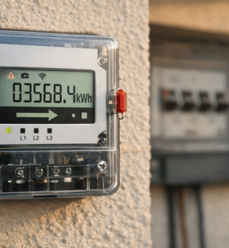 Fotografía real de un medidor eléctrico residencial en pared exterior, con display de kWh nítido y precintos visibles.
