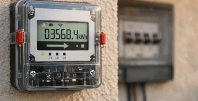 Fotografía real de un medidor eléctrico residencial en pared exterior, con display de kWh nítido y precintos visibles.