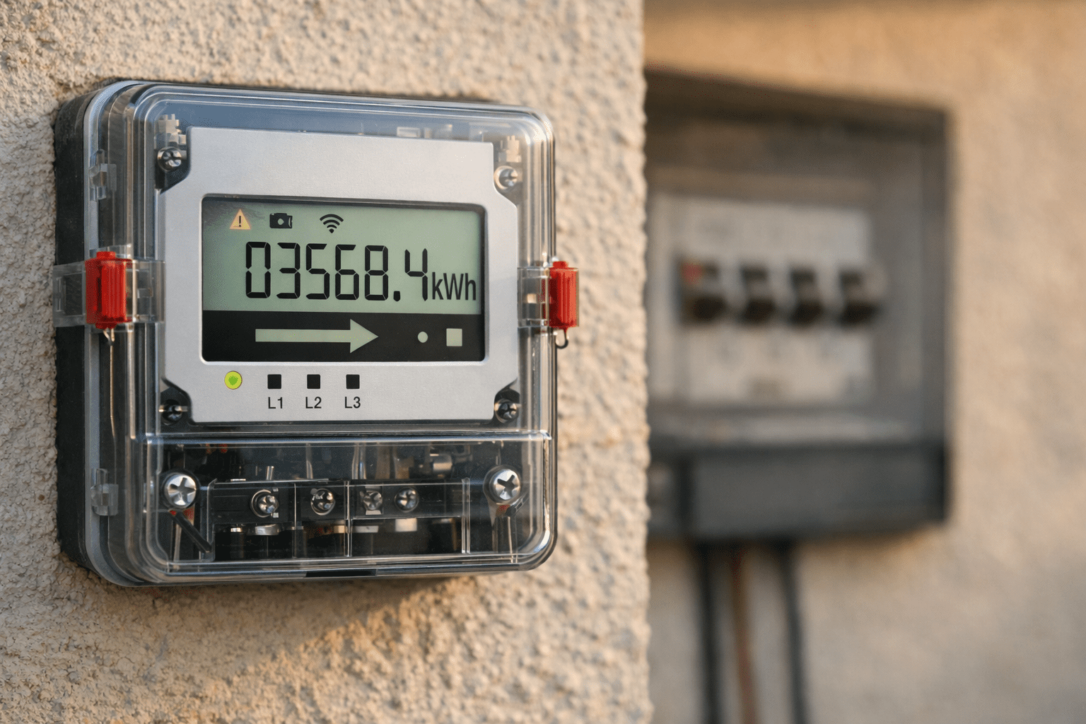 Fotografía real de un medidor eléctrico residencial en pared exterior, con display de kWh nítido y precintos visibles.