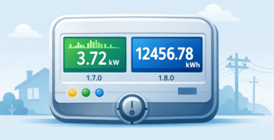 Medidor digital con doble pantalla mostrando kW (potencia instantánea) y kWh (energía acumulada), ejemplo claro de diferencia kW vs kWh.