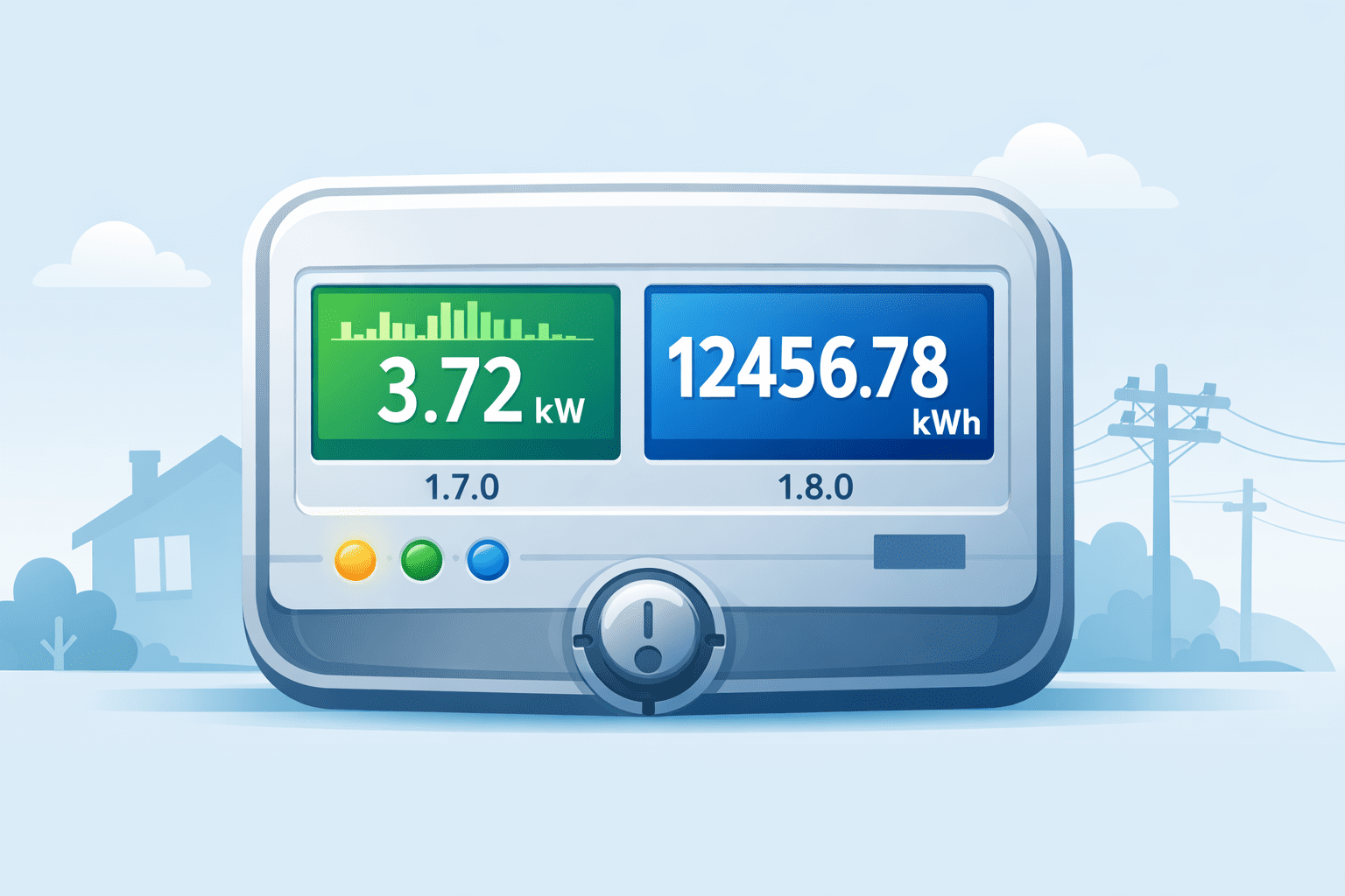 Medidor digital con doble pantalla mostrando kW (potencia instantánea) y kWh (energía acumulada), ejemplo claro de diferencia kW vs kWh.