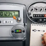 Medidor eléctrico digital (kWh) en primer plano con decimal visible y ceros a la izquierda; ejemplo de multiplicador K solo si aplica.