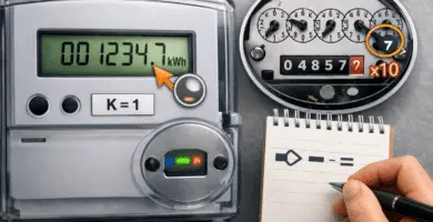 Medidor eléctrico digital (kWh) en primer plano con decimal visible y ceros a la izquierda; ejemplo de multiplicador K solo si aplica.