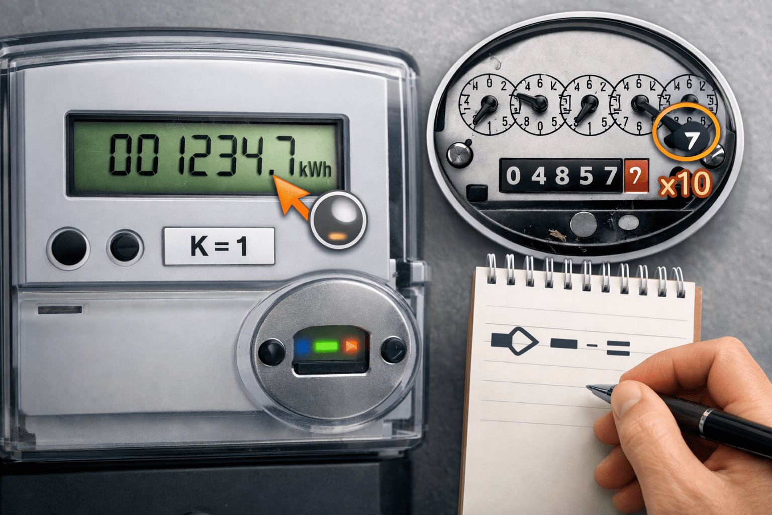 Medidor eléctrico digital (kWh) en primer plano con decimal visible y ceros a la izquierda; ejemplo de multiplicador K solo si aplica.