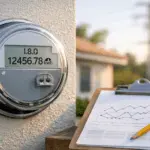 Medidor digital residencial mostrando el código 1.8.0 y la lectura 12456.78 kWh, junto a un portapapeles con gráfica y lápiz; idea de histórico de lecturas y registro en planilla.