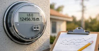 Medidor digital residencial mostrando el código 1.8.0 y la lectura 12456.78 kWh, junto a un portapapeles con gráfica y lápiz; idea de histórico de lecturas y registro en planilla.