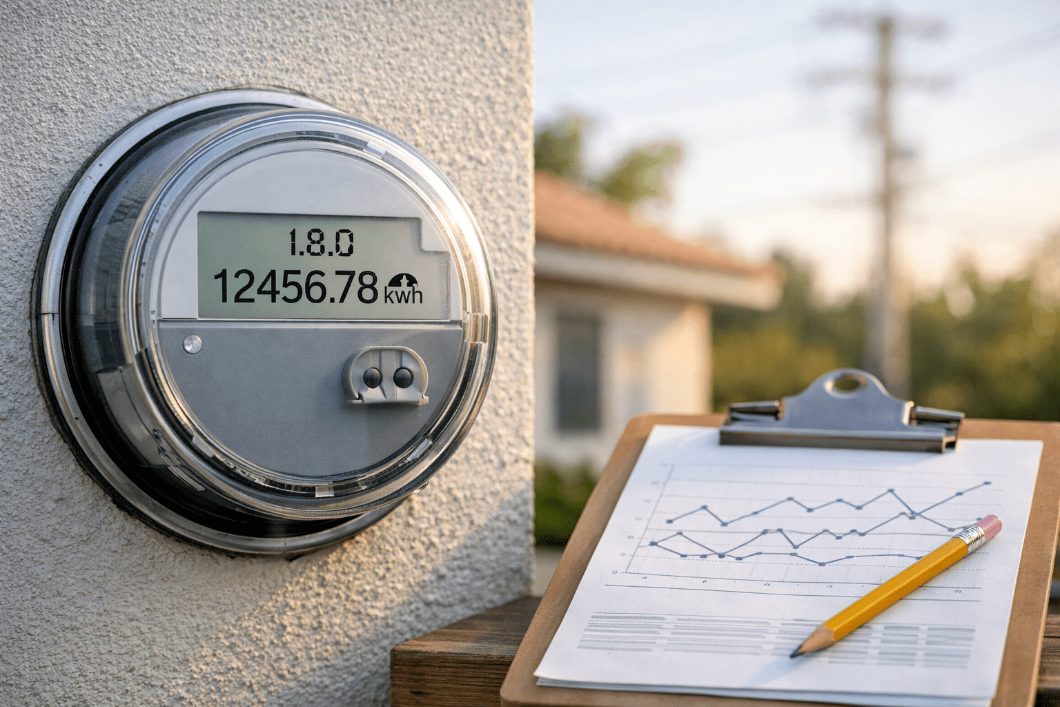Medidor digital residencial mostrando el código 1.8.0 y la lectura 12456.78 kWh, junto a un portapapeles con gráfica y lápiz; idea de histórico de lecturas y registro en planilla.