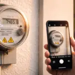 Foto real de medidor eléctrico digital fotografiado con smartphone; lectura y hora visibles para registrar kWh y comprobar consumo con el general abajo.