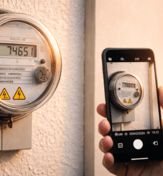 Foto real de medidor eléctrico digital fotografiado con smartphone; lectura y hora visibles para registrar kWh y comprobar consumo con el general abajo.