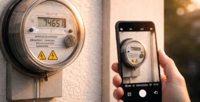 Foto real de medidor eléctrico digital fotografiado con smartphone; lectura y hora visibles para registrar kWh y comprobar consumo con el general abajo.