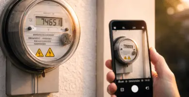 Foto real de medidor eléctrico digital fotografiado con smartphone; lectura y hora visibles para registrar kWh y comprobar consumo con el general abajo.