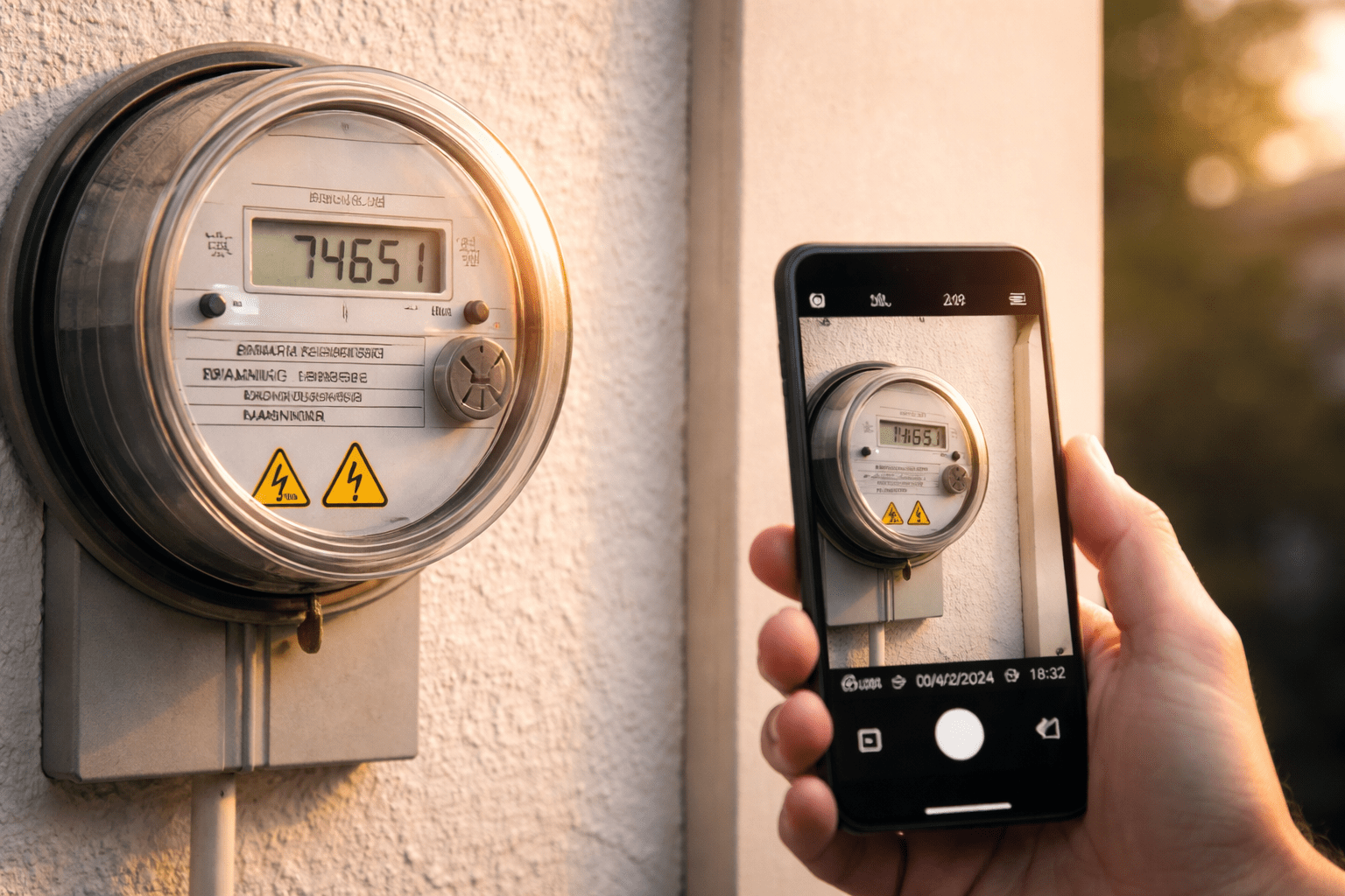 Foto real de medidor eléctrico digital fotografiado con smartphone; lectura y hora visibles para registrar kWh y comprobar consumo con el general abajo.